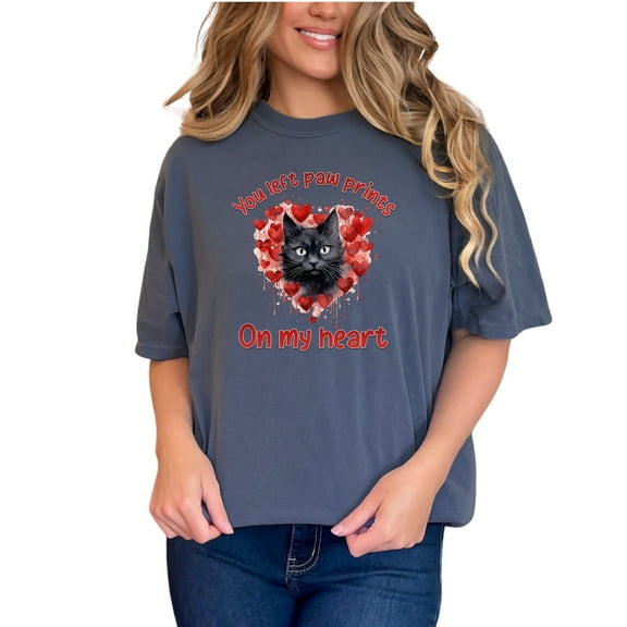 Cat Lovers T-Shirt, You Left Prints of Paw On My Heart, Adorable Cat Heart Design, Cute Cat Themed Gift, Emotional Cat Tribute Tee, Denim Comfort Colors T-Shirt, Small