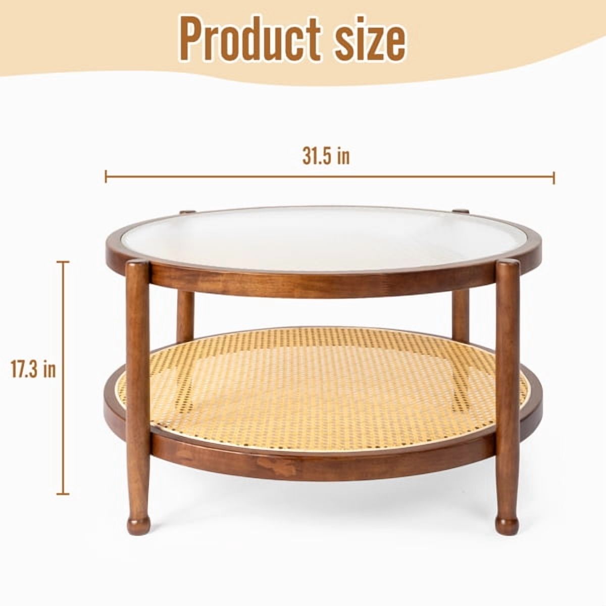 31.5" Rattan Coffee Table - Round Tempered Glass Top , Hand-Woven Rattan Shelf, Rubberwood Frame, Indoor/Outdoor Use for Living Room, Patio, Bedroom, Balcony