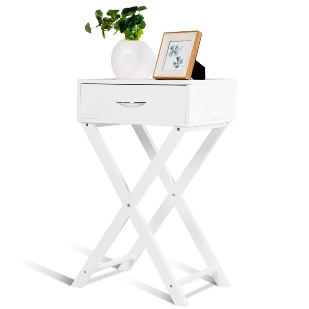 Finihen X-Shape End Table, Design Sofa Side Table with X-Shape Drawer, Sofa Side Table, Bed Side Table, for Living Room, Bedroom, White