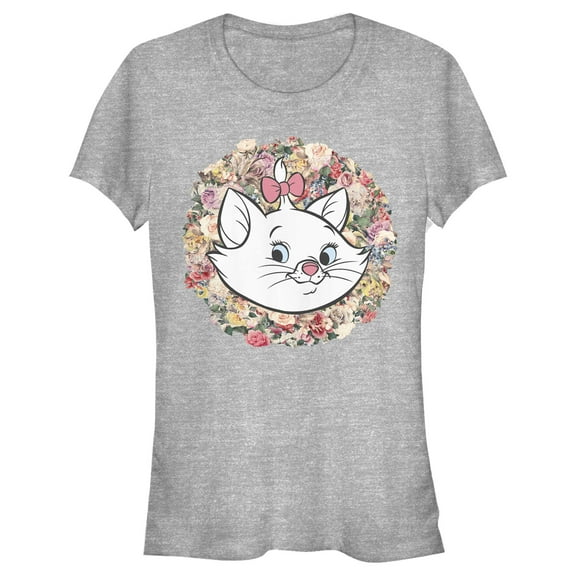 Junior's Aristocats Floral Marie White Kitten Graphic Tee Athletic Heather Medium