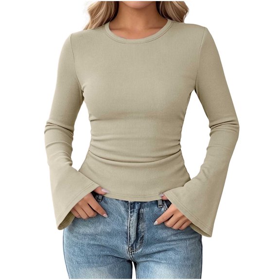 Aezemi Womens Flare Long Sleeve Shirts Fashion Ribbed Round Neck Slim Fit Casual Daily Tops Spring Fall Outerwear Trendy Casual Comfy All Match Tees S