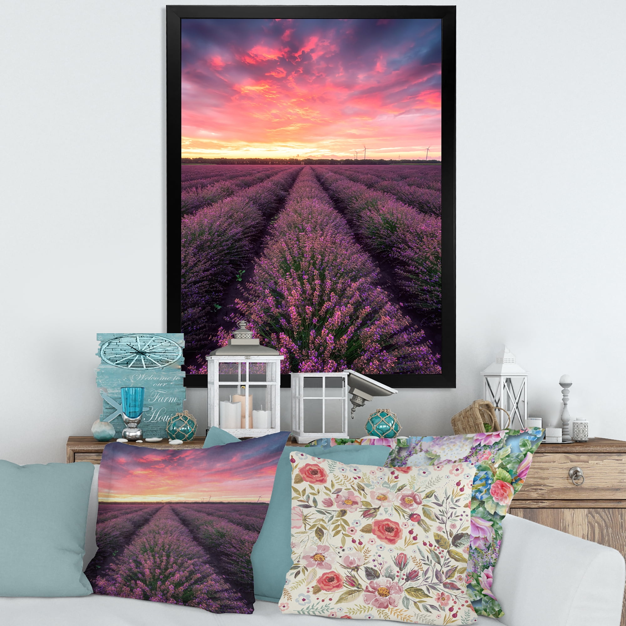 Designart 'Dramatic Clouds and Sunrise Over Lavender Field XIV' Farmhouse Framed Art Print