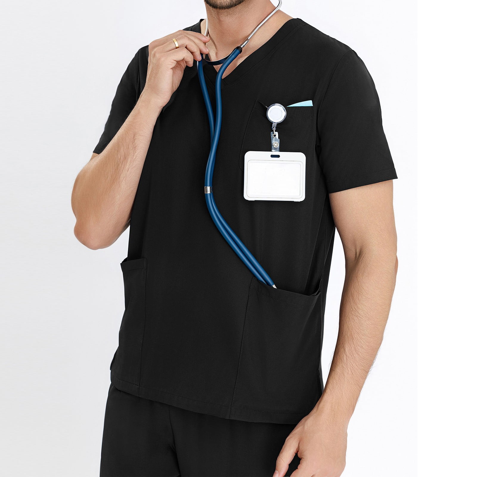 LoyisVidion Unisex Short-Sleeve V-Neck Uniform Set for Healthcare Professionals Men Working Uniform Pocket Short Sleeve Blouse+Long Pants Two-Piece Sets