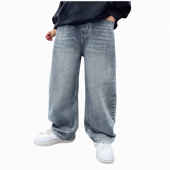 OYXSER Kids Elastic Waist Jeans for Boys Baggy Straight Leg Loose Denim Pants with Pockets, Blue 13-14Y