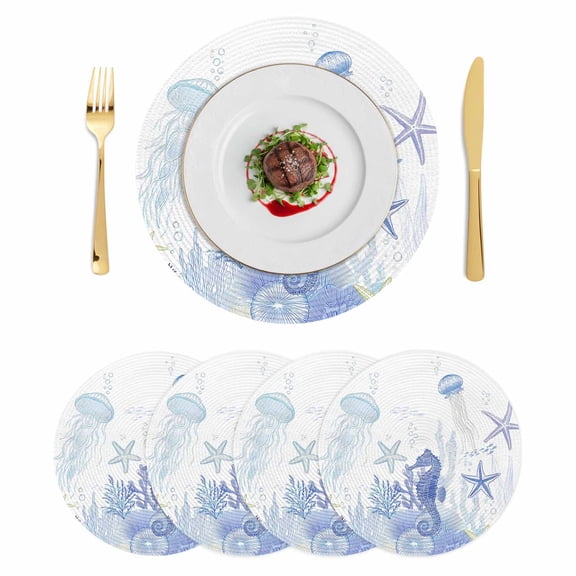 Purple Coastal Round 15 Inch Placemats Set of 4, Summer Ocean Coral Jellyfish Seahorse Starfish HeatResistant Non Slip Place Mats for Dining Table, Wipeable Kitchen Table Mats for Housewarming