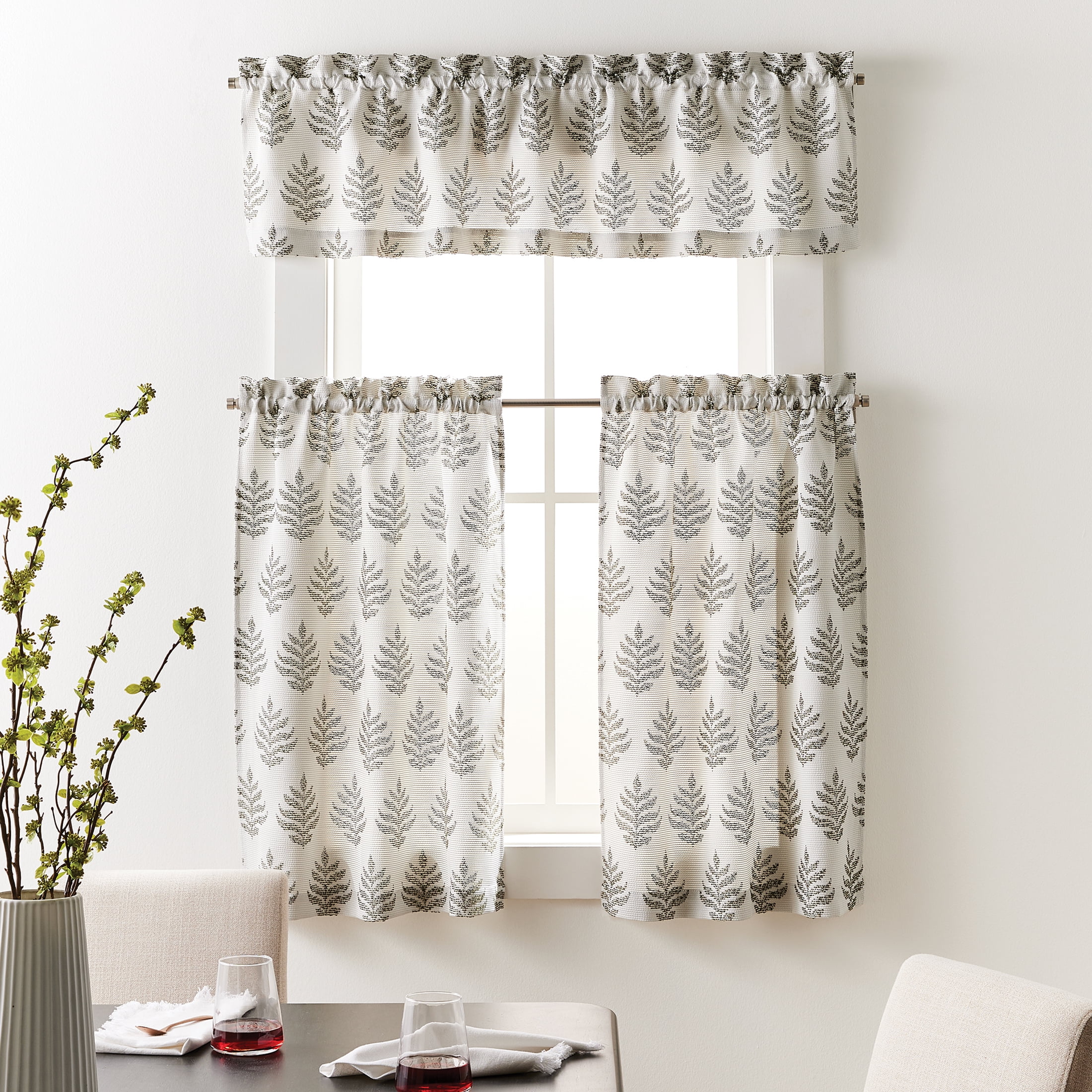 Better Homes & Gardens Rowan Jacquard Kitchen Curtain Tiers and Valance, 3-Piece Set, Ivory Green, 60" W x 36" L