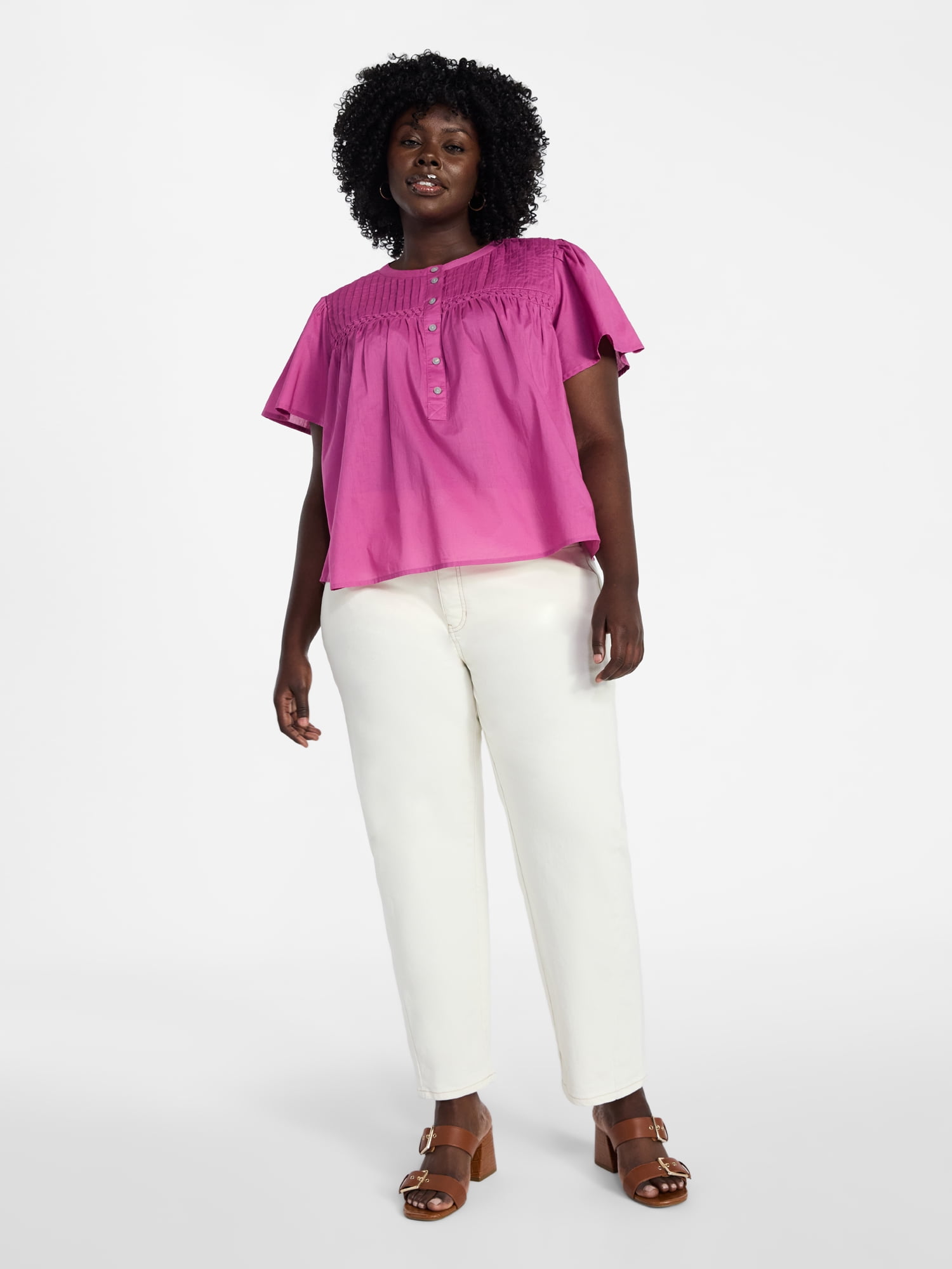 Terra & Sky Women’s Pleated Yoke Top with Short Flutter Sleeves, Sizes 0X-5X