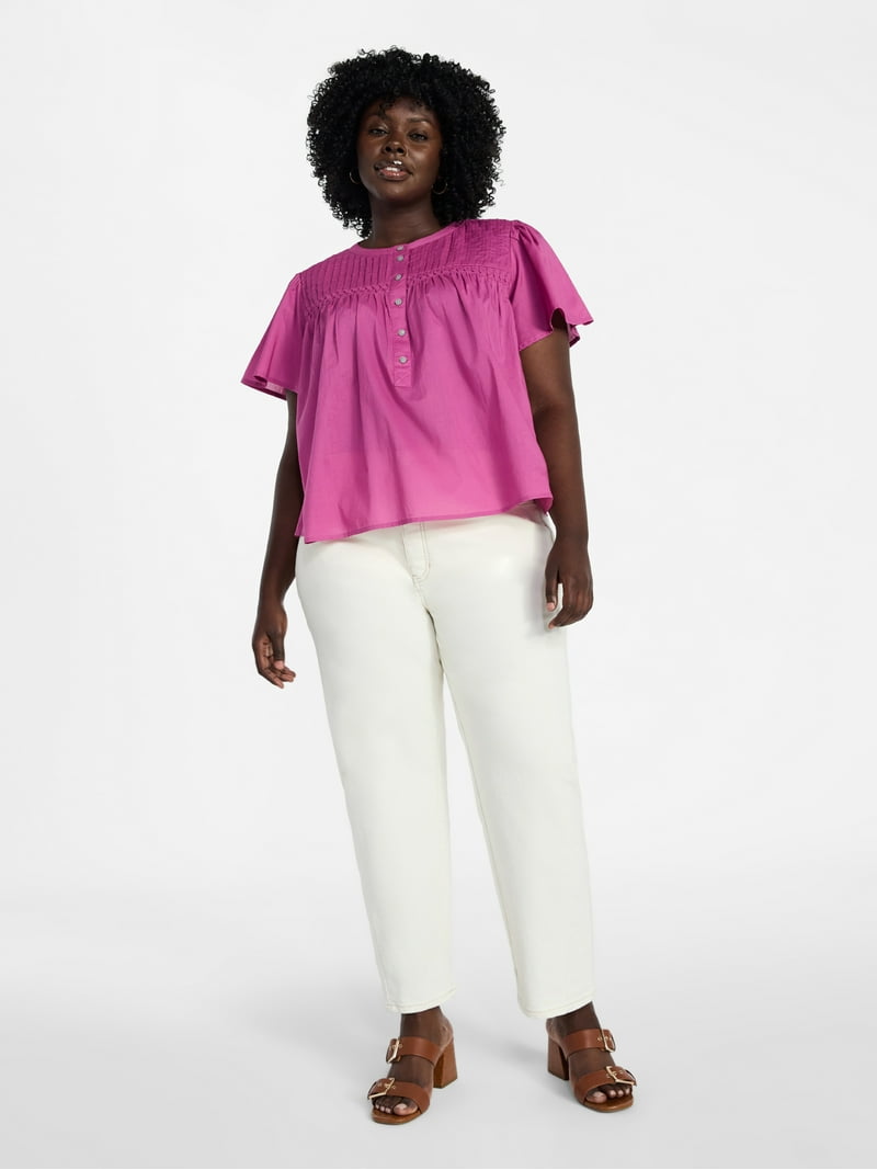 Terra & Sky Women's Pleated Yoke Top with Short Flutter Sleeves