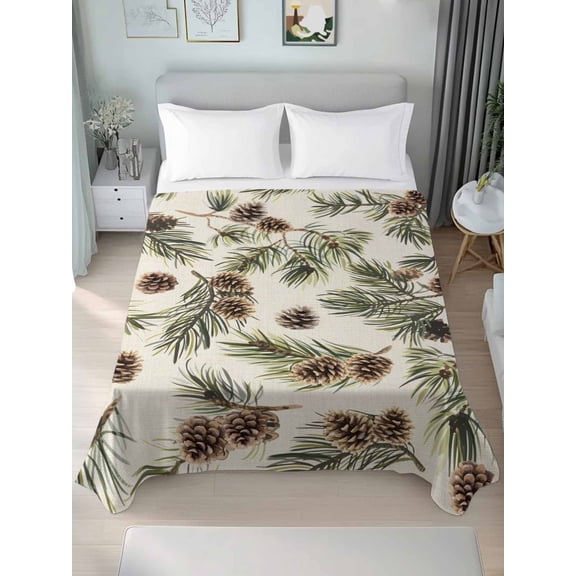 Sage Green Christmas King Size Flat Sheet, Wrinkleproof & Fadeproof Cooling Flat Bed Sheet Only, Rustic Pine Cones Xmas Botanical Breathable Soft Bedding Top Sheets 105 x 98 Inches
