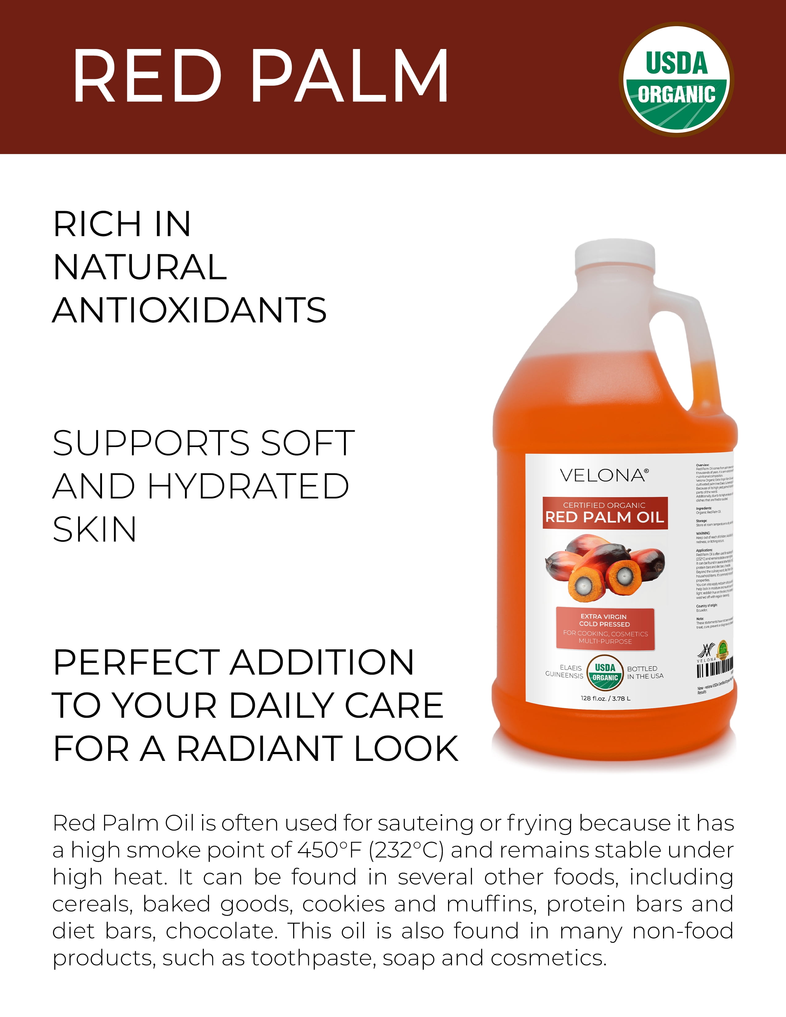 Velona USDA Certified Organic Red Palm Oil - 1 Gallon / 128 Fl Oz | Food and Cosmetic Grade | in jar | Extra Virgin, Cold Pressed | Skin, Face, Body, Hair Care | Use Today - Enjoy Results