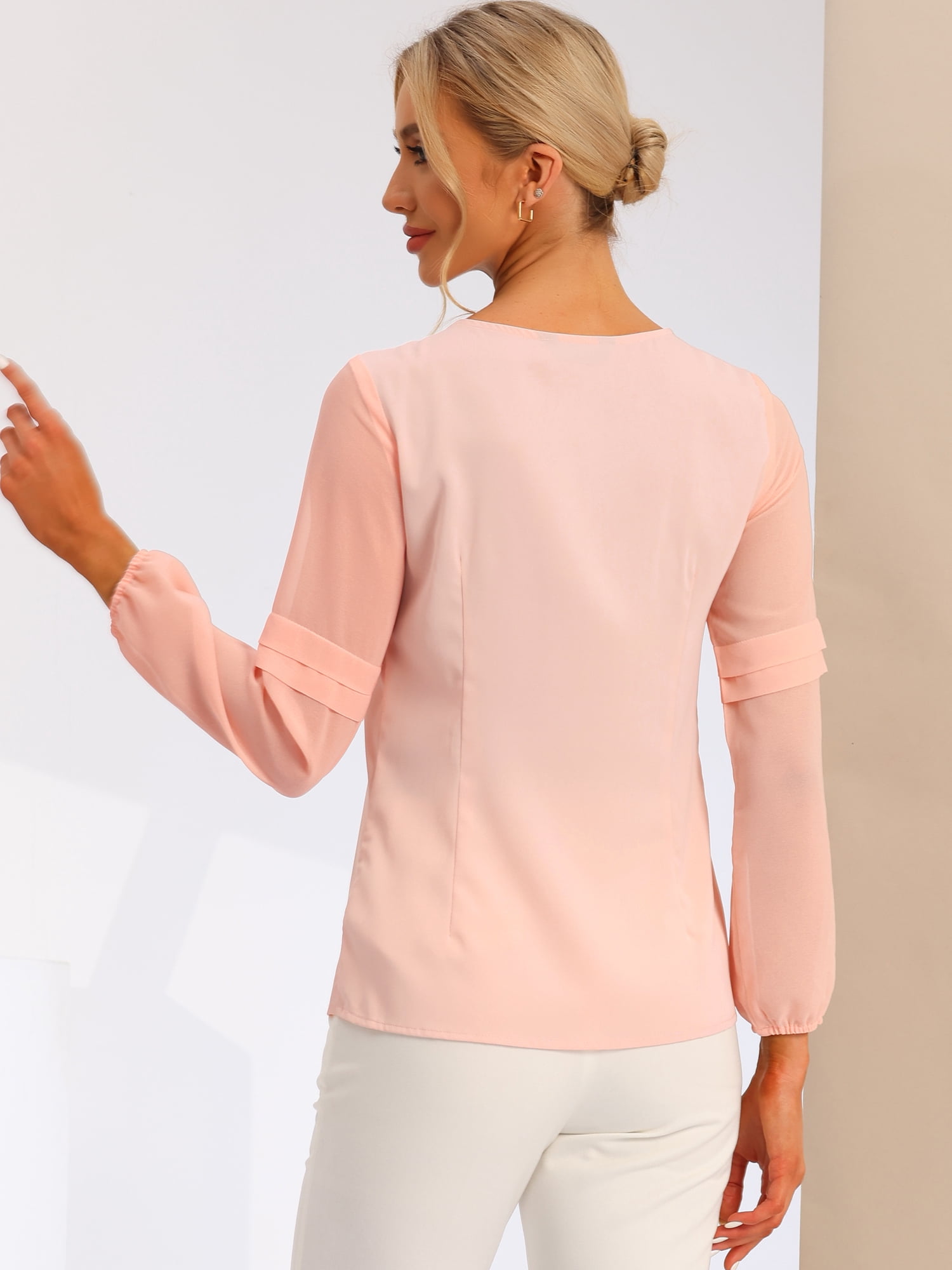 DARING DIVA Chiffon Semi Sheer Long Sleeves Keyhole Neck Blouse XL Light Pink