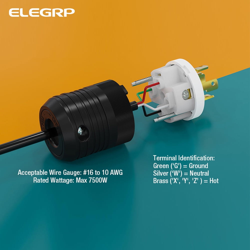 ELEGRP NEMA L14-30P Locking Plug, Generator Twist Lock Adapter Male Plug, 30 Amp 125/250V 3 Pole 4 Wire Grounding, Industrial Grade Heavy Duty, UL Listed (1 Pack, Black/White)