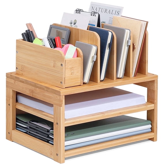 Enogets Bamboo Desk Organizer with File Holder & Adjustable Pen Holding, 3-Tier Desktop Letter Paper Tray Storage