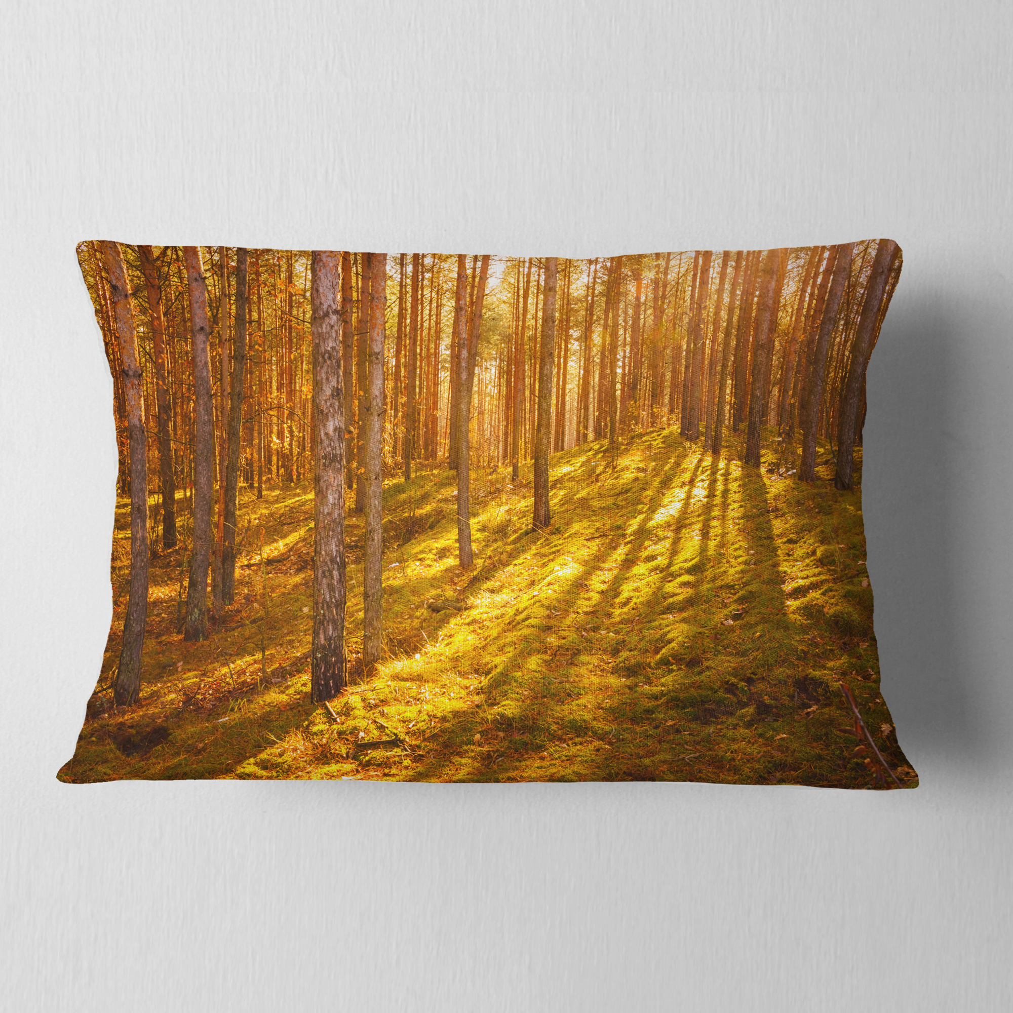 Designart Beautiful Sunrays in Thick Forest - Modern Forest Throw Pillow - 12x20