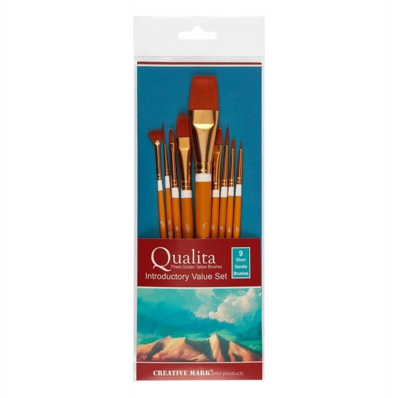Creative Mark Qualita Golden Taklon Short Handle Paint Brush for Acrylics, Oils, Fine Art, Heavy Bodied Media - Brush Set - [Set of 9]