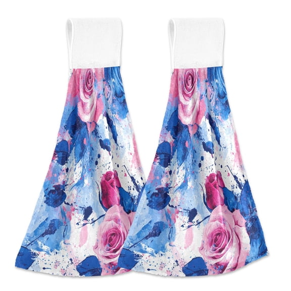 BZSMCE Hanging Hand Towels Fashion Pink and Blue Roses Rrt Pattern 2-Pack - Velcro Style Bathroom Kitchen Towels
