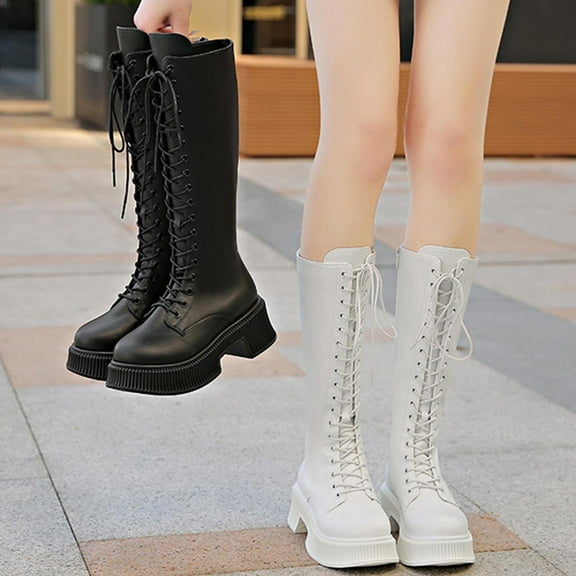 Miluxas Women's Knee High Boots Leather Boots Weatherproof Round Toe Boots, Block Heel Comfort Boots, Lace up Side Zipper Boots for Fall Winter White 9.5(43)