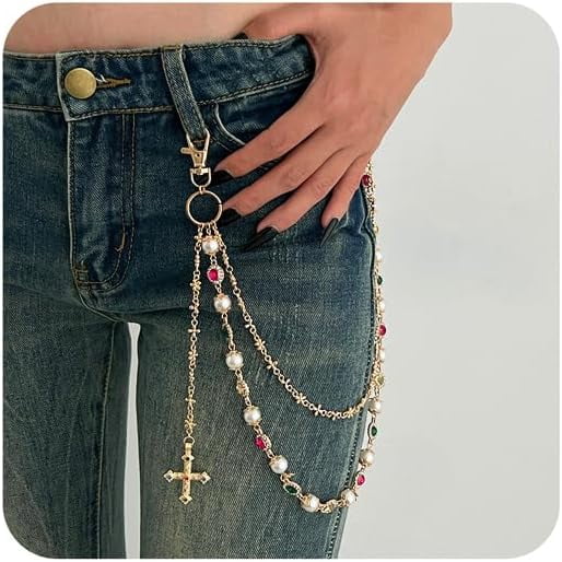 Multi-Layer Rhinestone Daisy Wallet Chain for Jeans, Pearl & Cross Pants Keychain for Women Men, Y2K Punk Hip Hop Bag Accessory, Edgy Fashion Jewelry Gift