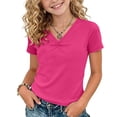 thumbnail image 3 of Acaics Girls Short Sleeve Ruched V Neck Basic T-Shirt, Soft Stretch Solid Color Casual Summer Tee Top for Kids Girls 4 to 15 Years Old, 3 of 11