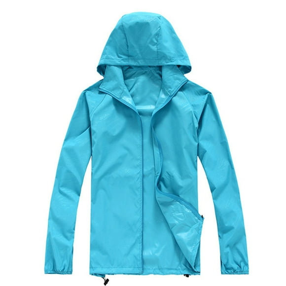 HANXIULIN Women Solid Rain Jacket Outdoor Plus Size Hooded Windproof Loose Coat Water Proof Raglan Storage Bag Light Blue L