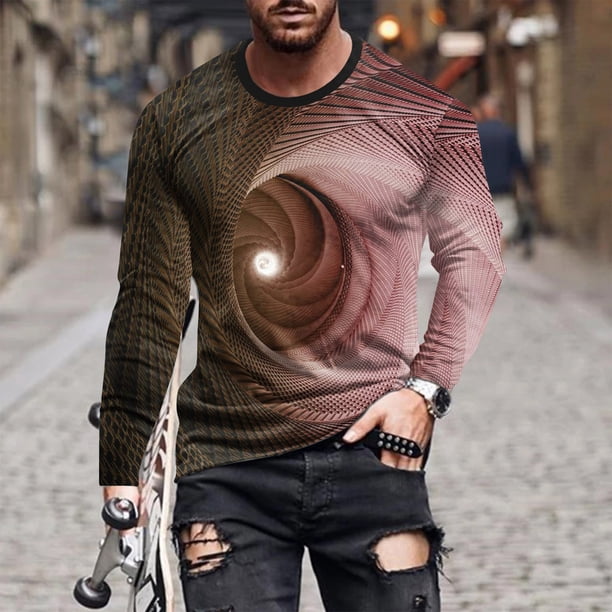 Blusas y camisas de manga larga con cuello redondo para hombre, blusa informal de manga larga con cuello redondo y estampado de rayas, blusa de poliéster para hombre