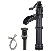 Oil Rubbed Bronze Vessel Sink Faucet Waterfall with Pop Up Drain Assembly and Single-Handle Hole Supply Hose Lead-Free Vanity Lavatory Bathroom Faucet Mixer Tap