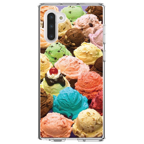 DistinctInk Clear Shockproof Hybrid Case for Samsung Galaxy Note 10 (6.3" Screen) - TPU Bumper, Acrylic Back, Tempered Glass Screen Protector - Ice Cream Scoops Cones