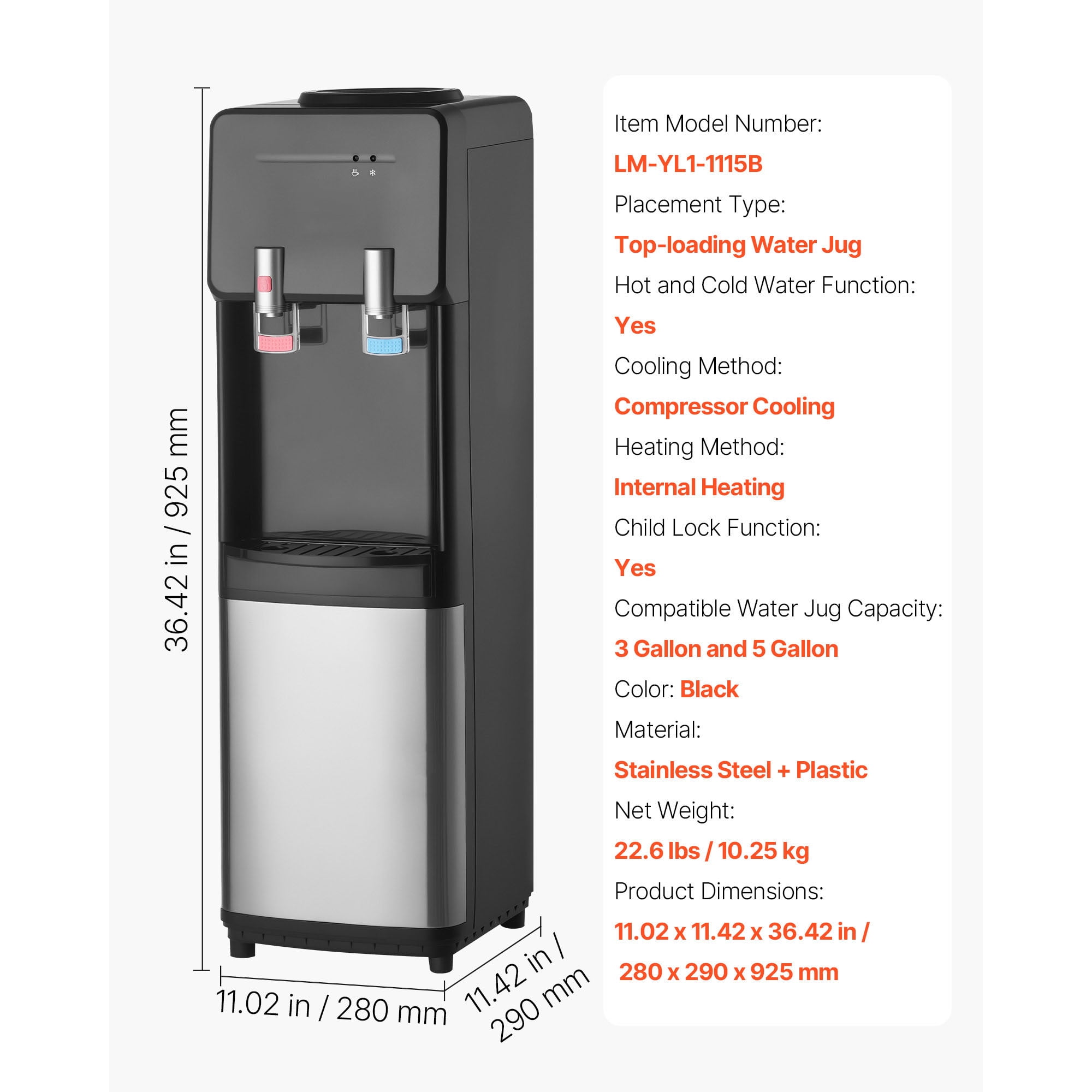 KFFKFF Top Loading Water Cooler Dispenser, Hot and Cold Water Dispenser for 3 or 5 Gallon Bottles, Durable Stainless Steel Design with Child Safety Lock, Suitable for Homes, Kitchens, Offices, Black