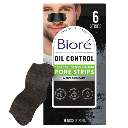 Biore Men's Skincare Charcoal Deep Cleansing Blackhead Remover Pore Nose Strips for Skin Care, 6 Ct