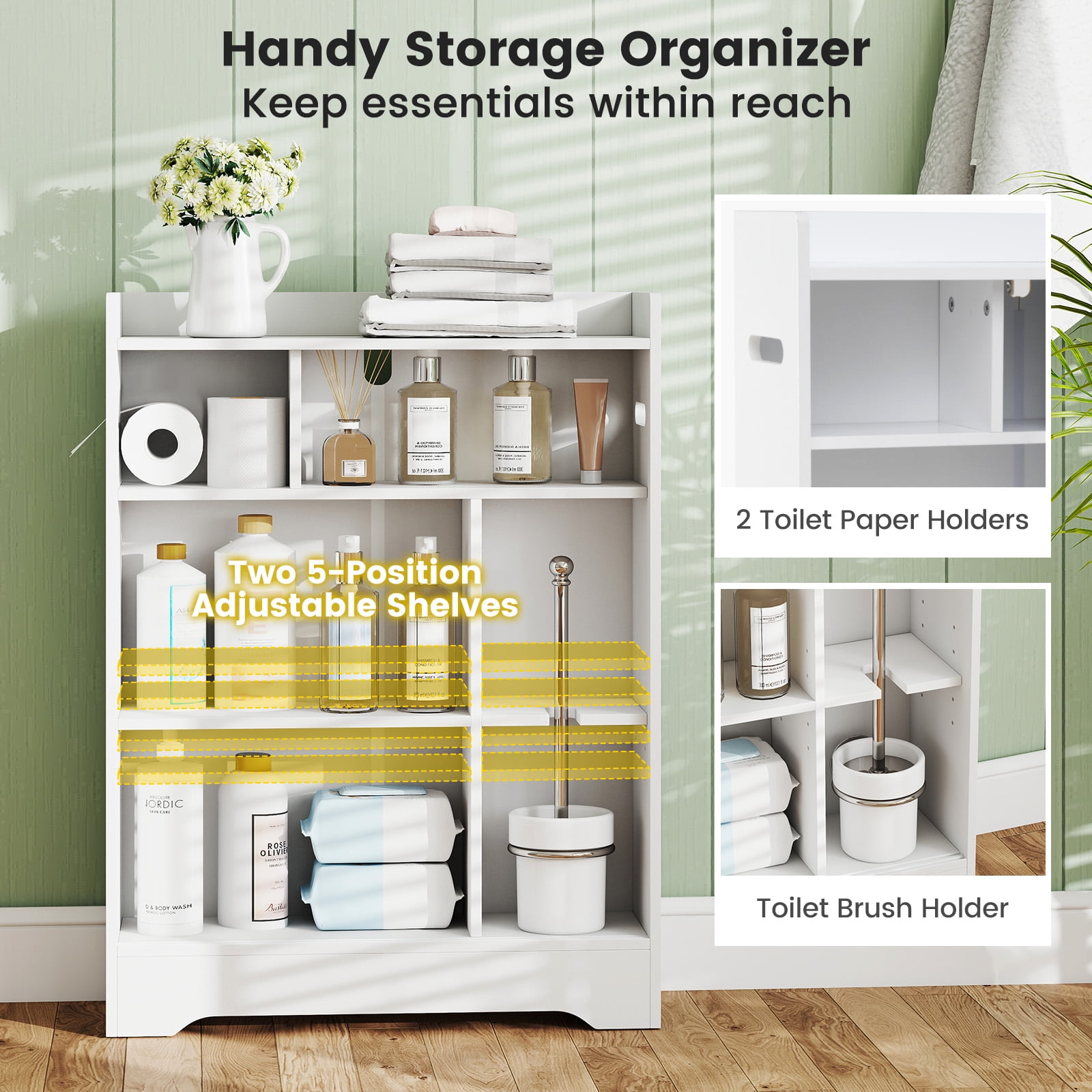 Gymax Bathroom Floor Cabinet w/2 Sliding Doors & Adjustable Shelves for Small Spaces