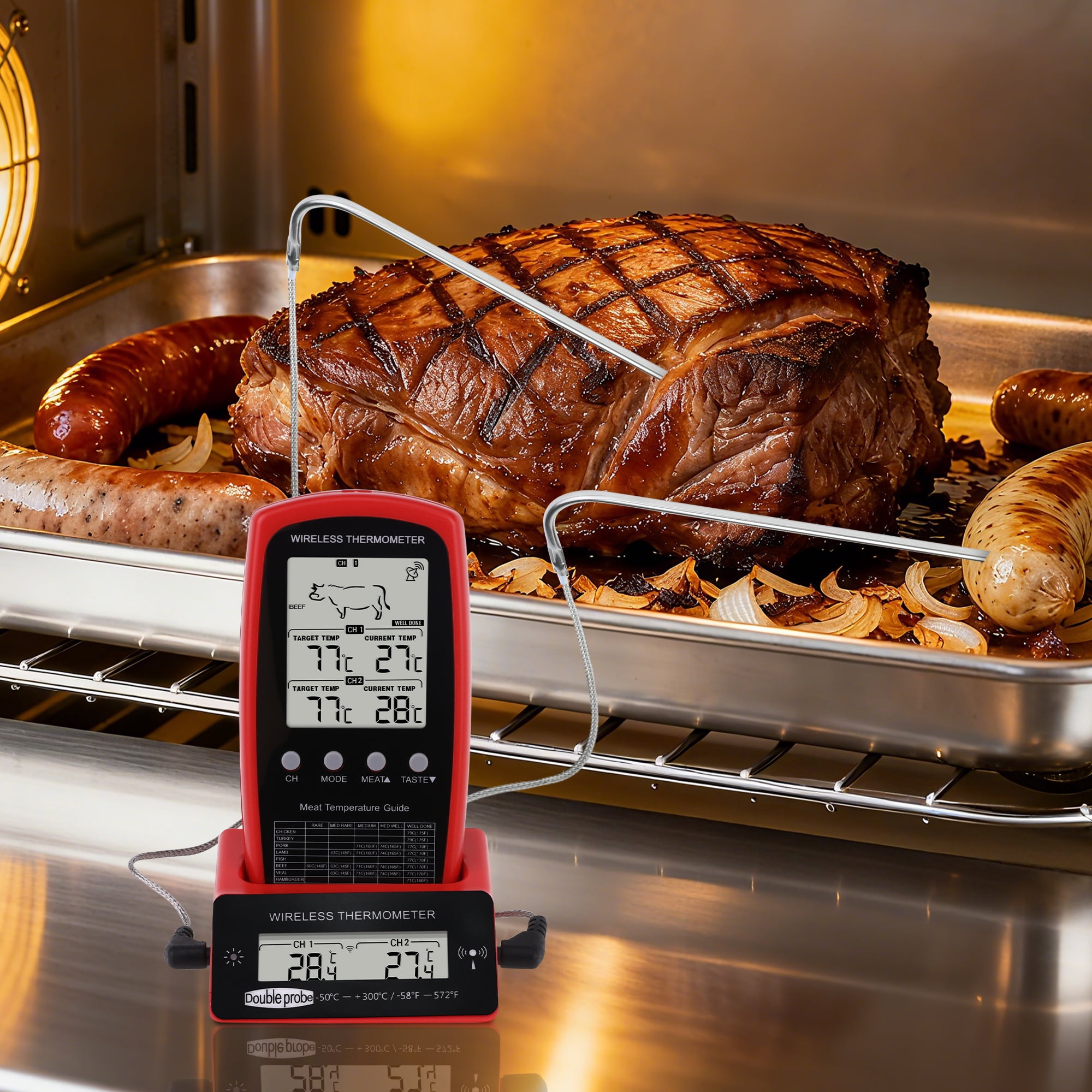 Unique Bargains Digital Meat Thermometer with 2 Temperature Probes Red/Black
