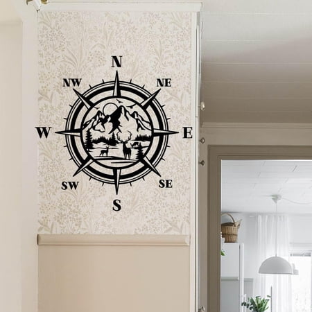 Colorful Compass Wall Decor Mountains Jungle Wall Sticker Mountain Forest Vinyl Art Sticker Decor Compass Decals for Living Room Bedroom Office Decorations for Kids Room Nursery Home Decals