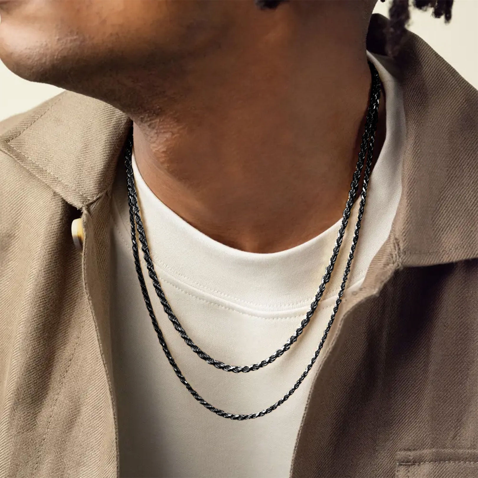 FOCALOOK Twist Rope Chain Necklace for Men Black Replacement Chain for Pendant Charm 316L Stainless Steel 3mm 24 Inch with Jewelry Gift Box for Dad Christmas