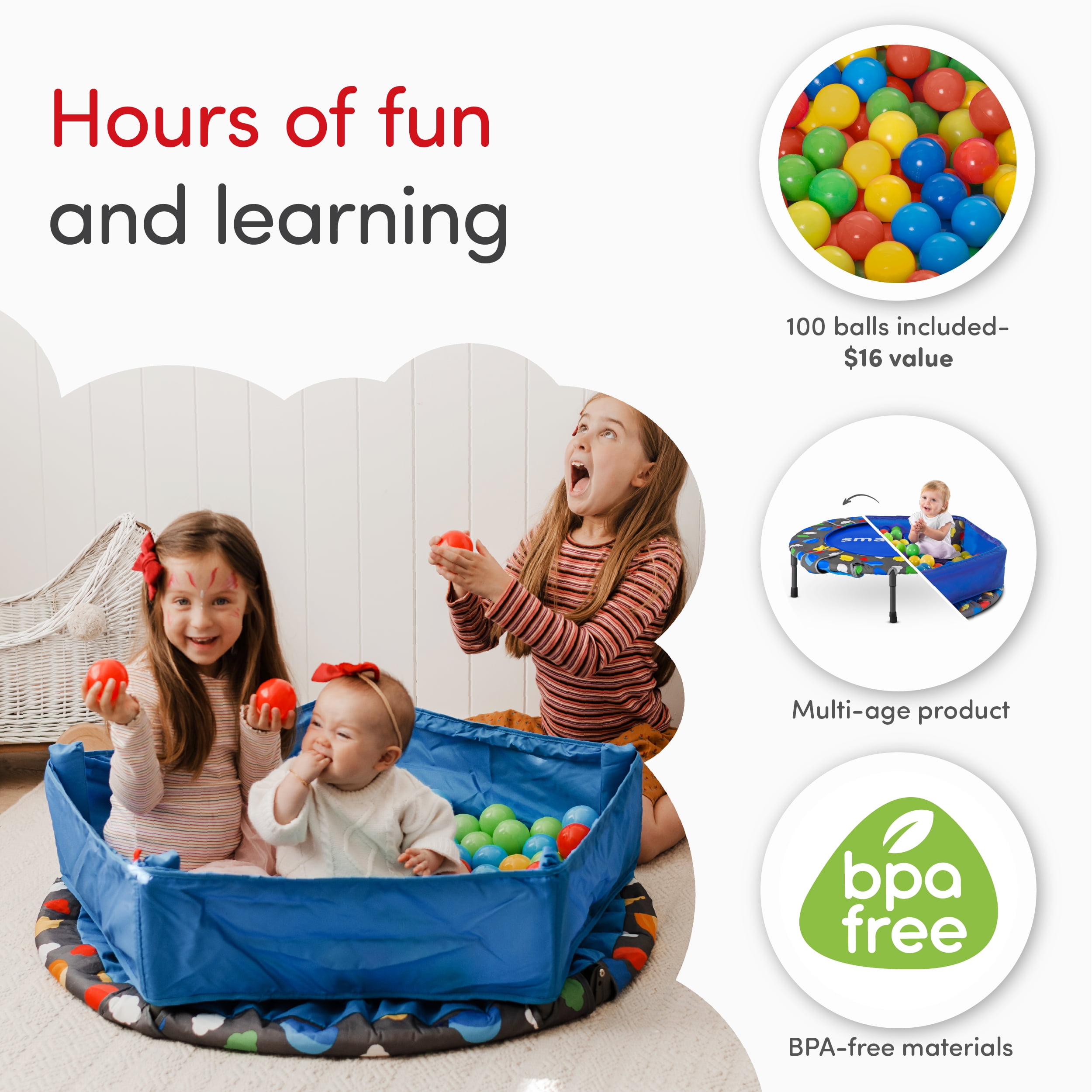 Foldable Kids Trampoline smarTrike 9200000 Indoor Toddler Trampoline with Handle Ball Pit with 100 Balls Included 1-5 Years