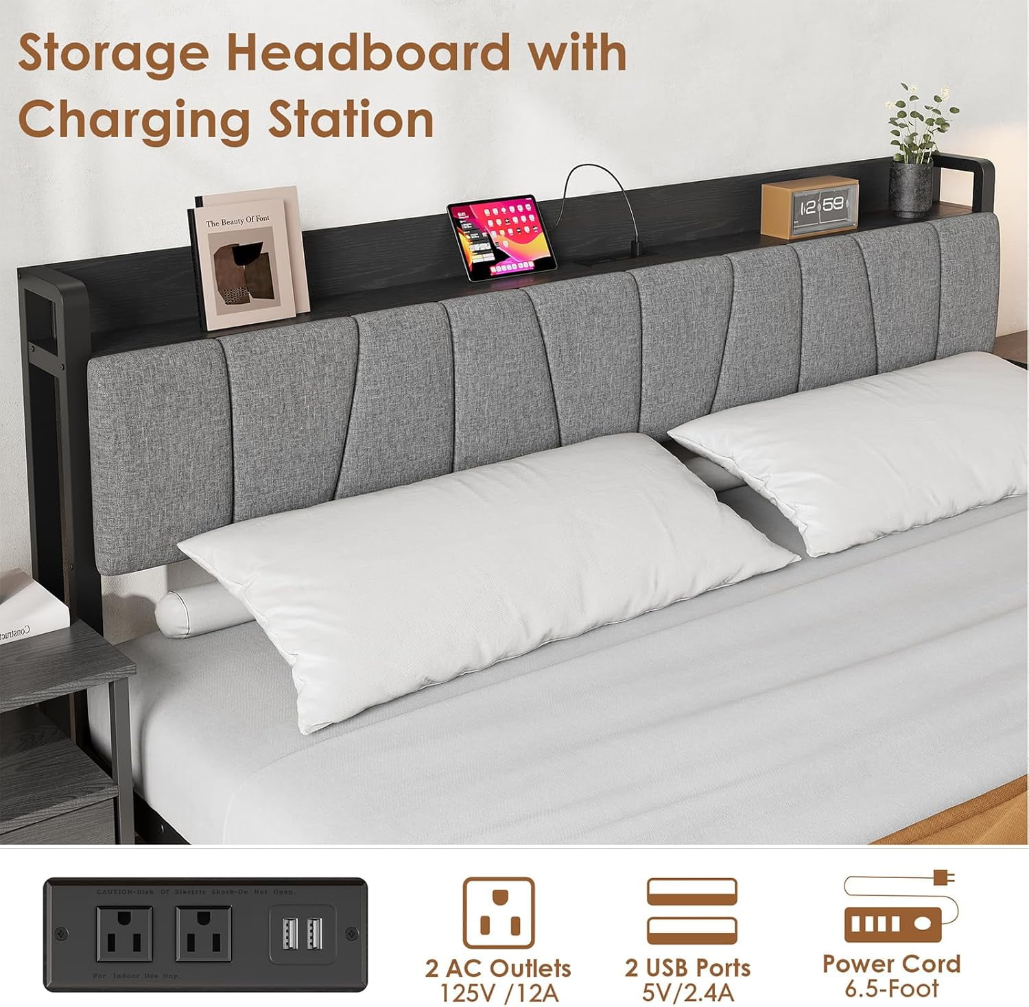 Senfot Full Size Platform Bed Frame with Storage Headboard, 2 Large Drawers, USB Charging Station, Noise-Free, No Box Spring Needed, Industrial Black Bed Frame