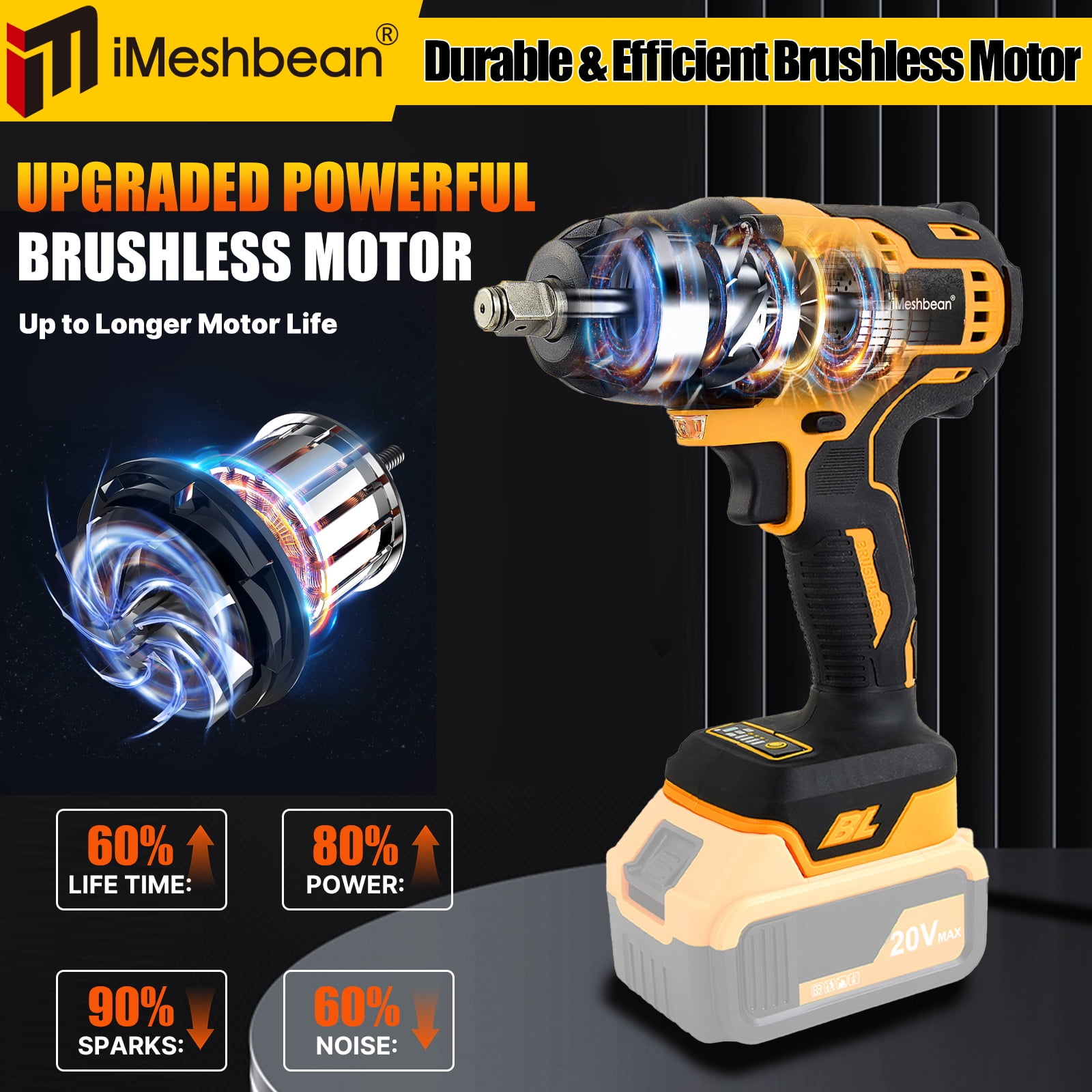 iMeshbean 1/2 inch Cordless Impact Wrench 1000N.m High Torque Power Brushless Drill 3 IN 1 Screwdriver Socket Tools