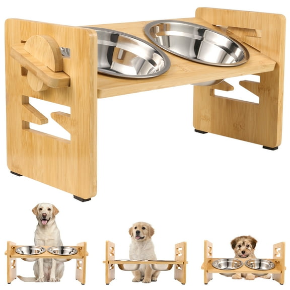 Qweryboo Elevated Dog Bowls, 10 Oz Tilted Adjustable Raised Dog Bowls with 2 Stainless Steel Bowls and Non-Slip Feet, Adjusts to Heights 2.95"-6.89" for Small Medium Large Dogs and Cat