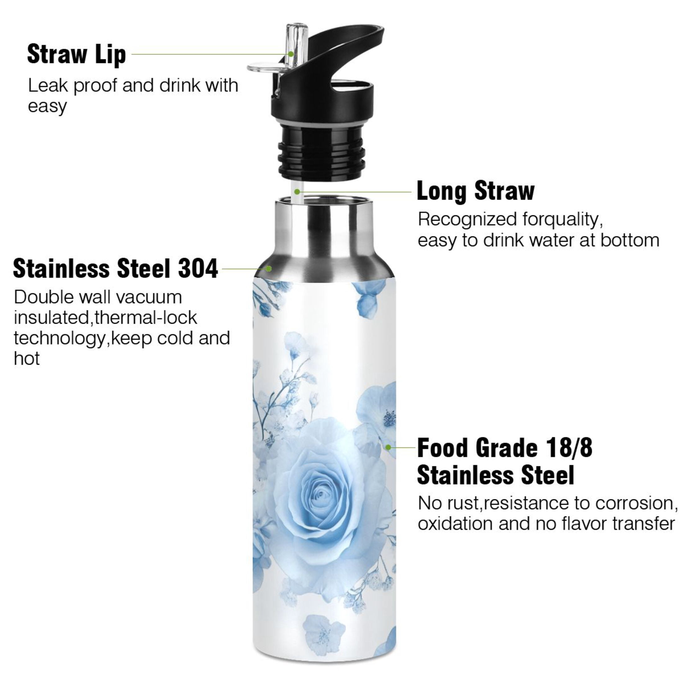 Babysbreath and Blue Roses Sports Bottle with Straw Stainless Steel Water Jug Portable Thermal Cup Leak-proof 1000ML