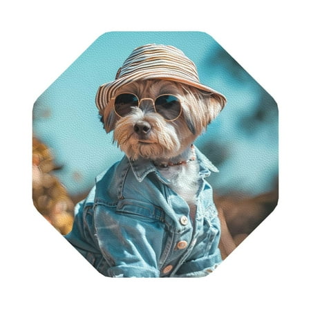 

Salouo Stylish Dog in Denim Outfit Print Round Coaster Drink Coasters Leather Bar Beer Beverage Coasters for Drinks Set of 4 for Tabletop Protection Coffee Table Decor