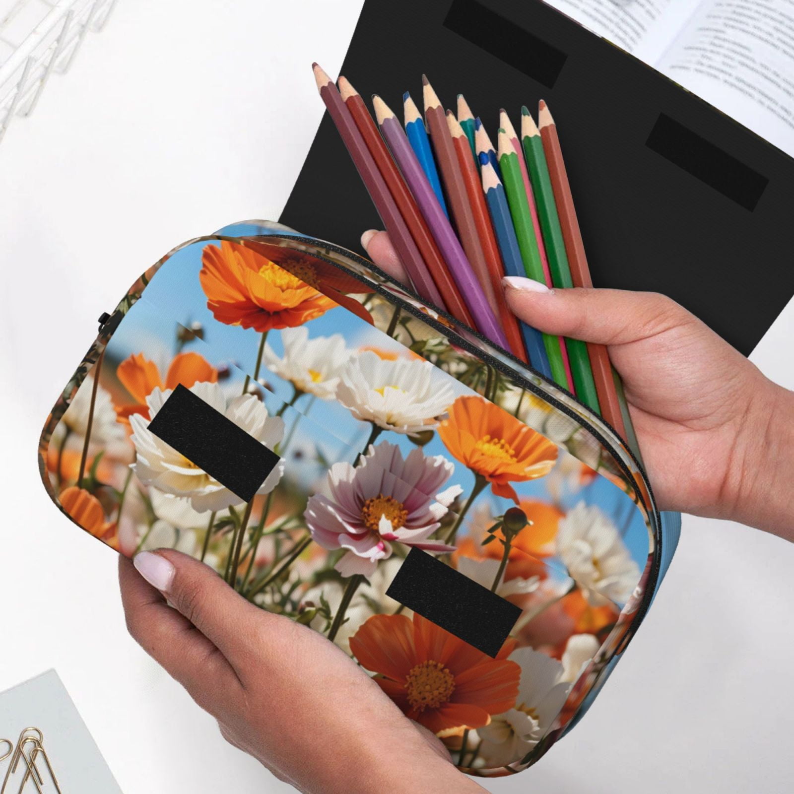 Rateoe Vibrant Field Of Blossoms Pattern Double Clamshell Pen Case, Storage Organizer with Two Zipper Compartments– Holds Up to 50 Pencils & Pens