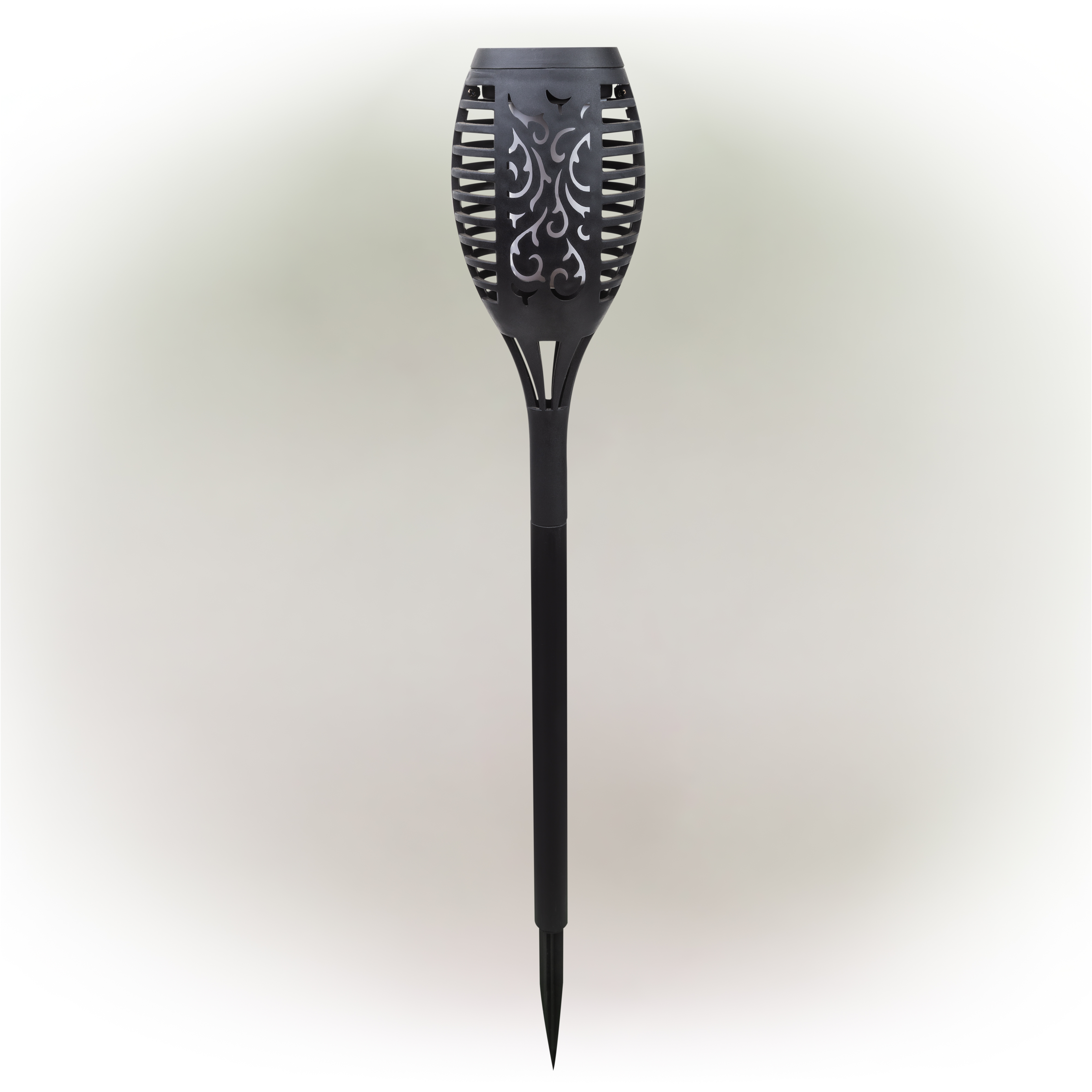 Alpine Corporation 20" Outdoor Solar Torch Flame LED Light Pathway Stake, Black (Set of 6)