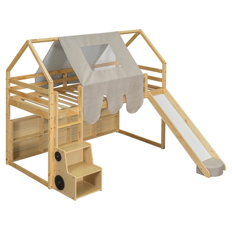 Twin Size Wooden Loft Bed with Slide and Ladder, House-Shaped Loft Bed Frame with Tent, Storage Shelves and Car-Shaped Storage Cabinet, Kids Playhouse Bed with Safety Handrails