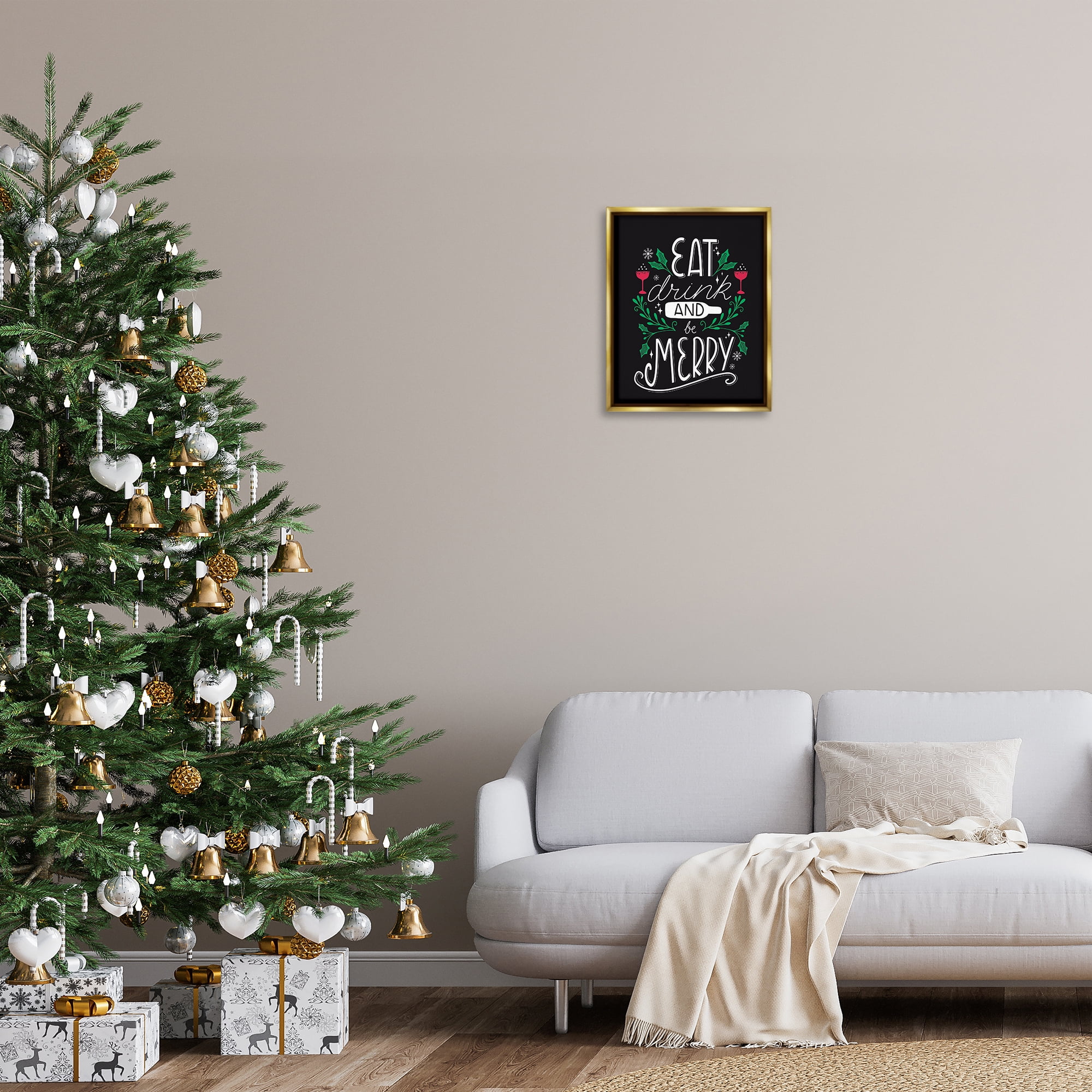 Stupell Industries Eat Drink and Merry Xmas Holiday Painting Gold Floater Framed Canvas Art Prints Wall Art, 17 x 21