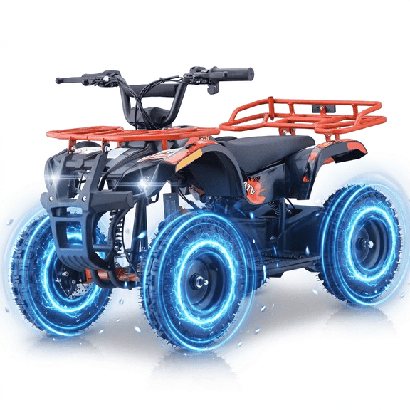 36V Electric 500W Motor 4‑Wheeler with Front & Rear Suspension, IVFJFV Electric 4‑wheel Off‑Road Deep‑Tread Tires & Safety Warning Flag & Bright LED Headlights,Orange