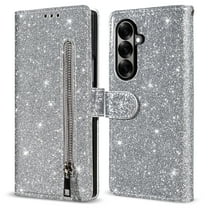 ELEHOLD Stylish Flip Wallet Case for Samsung Galaxy Z Fold 7,Bling Glitter Leather Zipper Pocket Card Slots Kickstand Function Magnetic Clasp Detachable Lanyard Purse Case,Silver