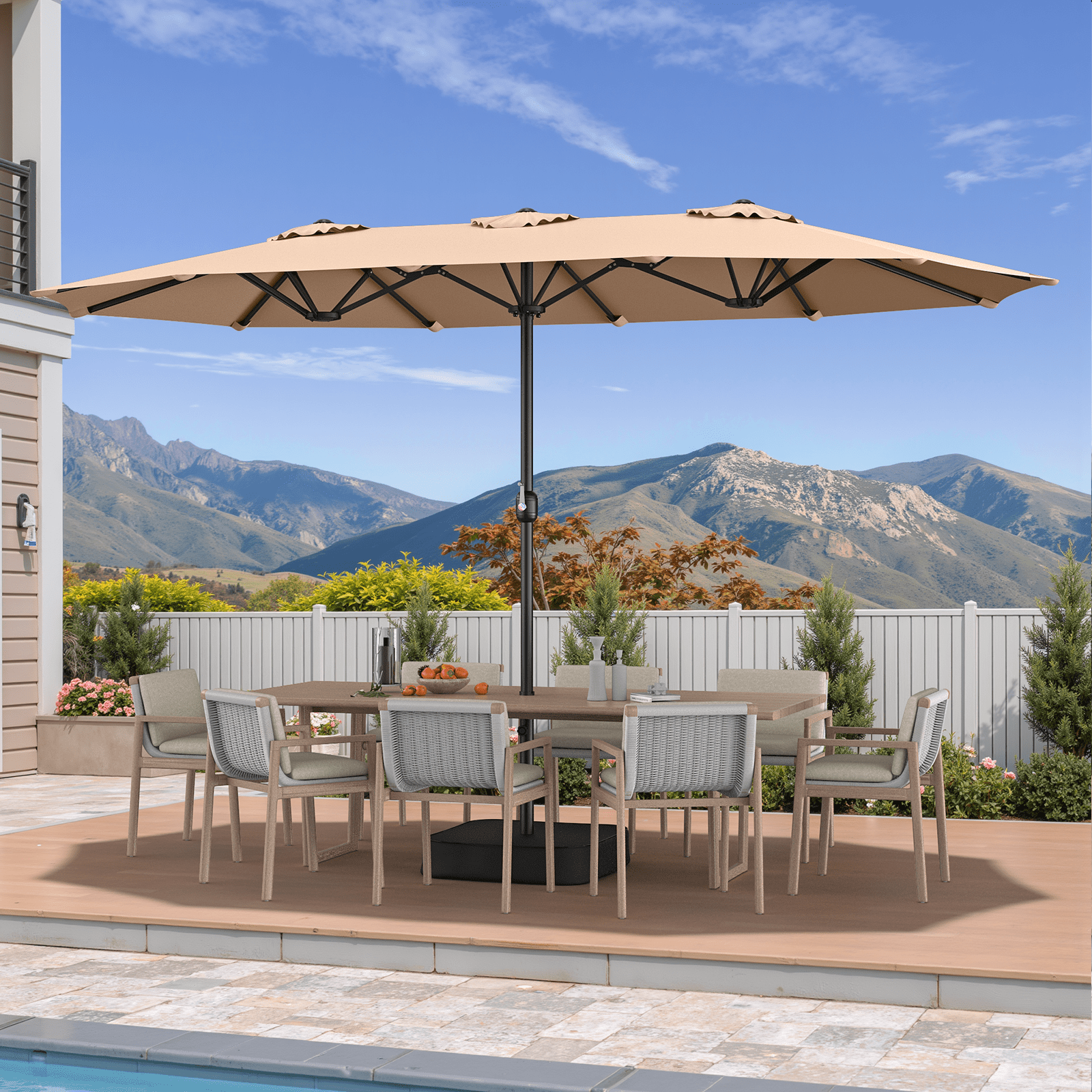 Vitarpatio 15 ft Double Sided Patio Umbrella with Base, Extra Large Outdoor Market Umbrella with Crank Handle, Rectangular Outdoor Deck Umbrella