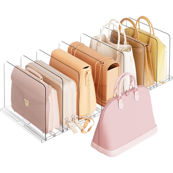 Adjustable Closet Purse Organizer Rack – 28.8" Extra-Long Shelf Divider with 6 Base Panels & 8 Dividers – Non-Slip Handbag Holder for Bags, Clothes, Kitchen, Office