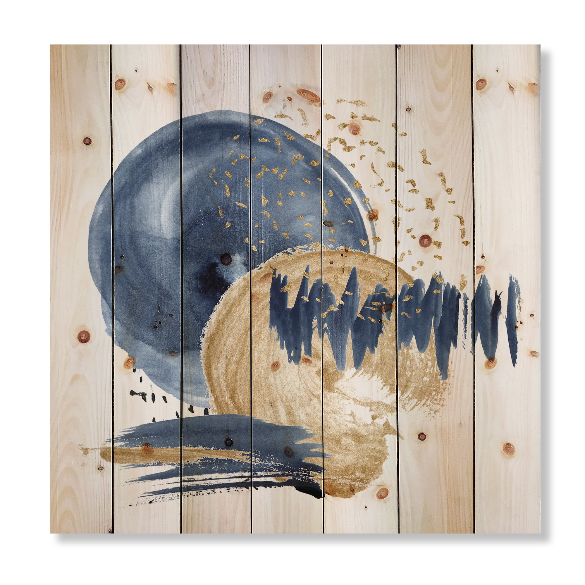 Designart 'Gold and Dark Blue Abstract Circle Ocean Texture' Modern Print on Natural Pine Wood