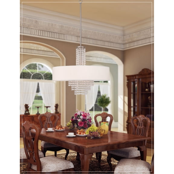 5 Light Brushed Nickel Chandelier with Clear Crystals/ Hand Crafted Off-White Fabric Hardback Shade