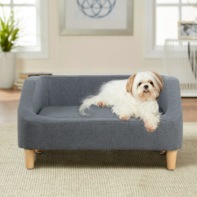 Small 37 in. Beige Pet Sofa Dog Sofa Cat Sofa Cat Bed Pet Bed Dog Bed Rectangle with Movable Cushion and Wood Style Foot